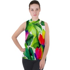 Watercolor Flowers Leaves Foliage Nature Floral Spring Mock Neck Chiffon Sleeveless Top