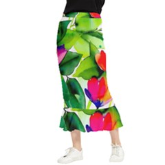 Watercolor Flowers Leaves Foliage Nature Floral Spring Maxi Fishtail Chiffon Skirt