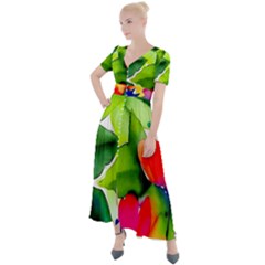 Watercolor Flowers Leaves Foliage Nature Floral Spring Button Up Short Sleeve Maxi Dress