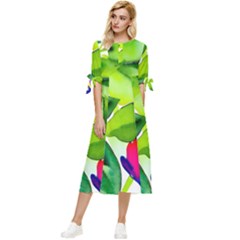 Watercolor Flowers Leaves Foliage Nature Floral Spring Bow Sleeve Chiffon Midi Dress by Maspions