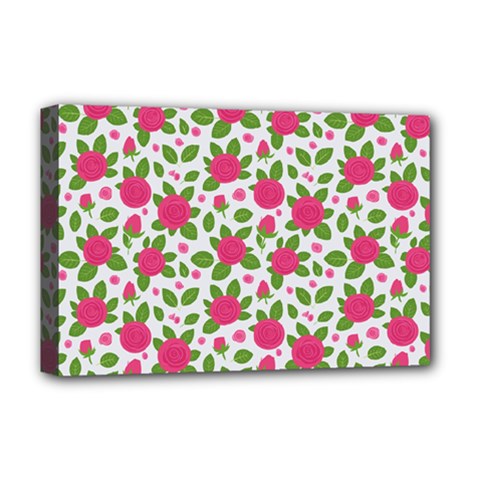 Flowers Leaves Roses Pattern Floral Nature Background Deluxe Canvas 18  X 12  (stretched)