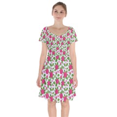 Flowers Leaves Roses Pattern Floral Nature Background Short Sleeve Bardot Dress by Maspions