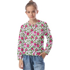 Flowers Leaves Roses Pattern Floral Nature Background Kids  Long Sleeve T-shirt With Frill 