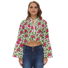 Flowers Leaves Roses Pattern Floral Nature Background Boho Long Bell Sleeve Top