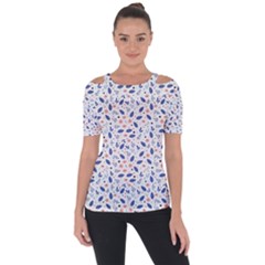 Background Pattern Floral Leaves Flowers Shoulder Cut Out Short Sleeve Top