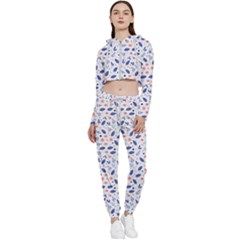 Background Pattern Floral Leaves Flowers Cropped Zip Up Lounge Set