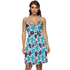 Leaves Monstera Pattern Nature Blue Purple Mauve Flora V-neck Pocket Summer Dress 