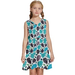 Leaves Monstera Pattern Nature Blue Purple Mauve Flora Kids  Sleeveless Tiered Mini Dress by Maspions