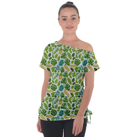 Leaves Tropical Background Pattern Green Botanical Texture Nature Foliage Off Shoulder Tie-up T-shirt by Maspions