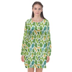 Leaves Tropical Background Pattern Green Botanical Texture Nature Foliage Long Sleeve Chiffon Shift Dress 