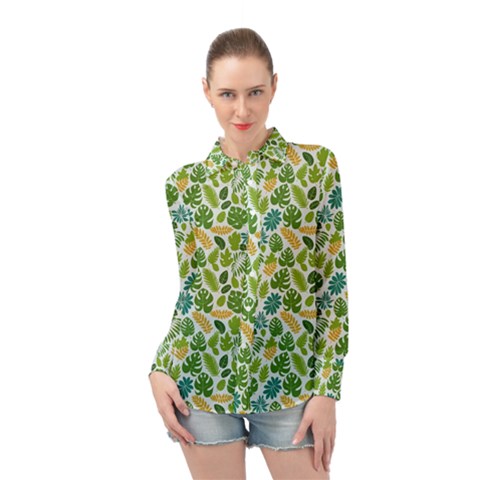 Leaves Tropical Background Pattern Green Botanical Texture Nature Foliage Long Sleeve Chiffon Shirt by Maspions