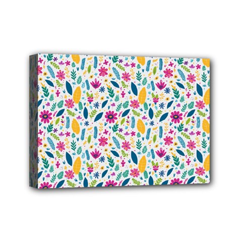 Background Pattern Leaves Pink Flowers Spring Yellow Leaves Mini Canvas 7  X 5  (stretched) by Maspions