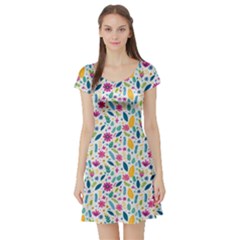 Background Pattern Leaves Pink Flowers Spring Yellow Leaves Short Sleeve Skater Dress by Maspions