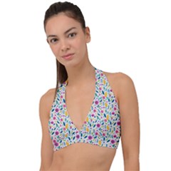 Background Pattern Leaves Pink Flowers Spring Yellow Leaves Halter Plunge Bikini Top