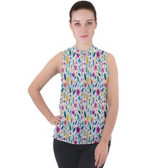 Background Pattern Leaves Pink Flowers Spring Yellow Leaves Mock Neck Chiffon Sleeveless Top