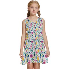 Background Pattern Leaves Pink Flowers Spring Yellow Leaves Kids  Sleeveless Tiered Mini Dress by Maspions