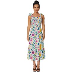 Background Pattern Leaves Pink Flowers Spring Yellow Leaves Tie-strap Tiered Midi Chiffon Dress by Maspions