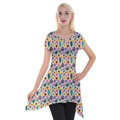 Floral Flowers Leaves Tropical Pattern Short Sleeve Side Drop Tunic by Maspions