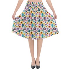 Floral Flowers Leaves Tropical Pattern Flared Midi Skirt by Maspions