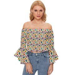 Floral Flowers Leaves Tropical Pattern Off Shoulder Flutter Bell Sleeve Top