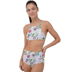 Vintage Floral Flower Pattern Art Nature Blooming Blossom Botanical Botany Halter Tankini Set