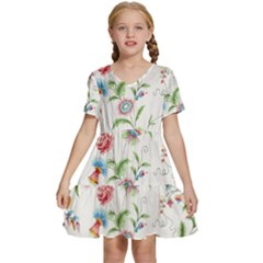 Vintage Floral Flower Pattern Art Nature Blooming Blossom Botanical Botany Kids  Short Sleeve Tiered Mini Dress