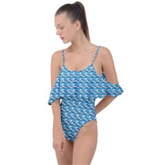 Blue Wave Sea Ocean Pattern Background Beach Nature Water Drape Piece Swimsuit