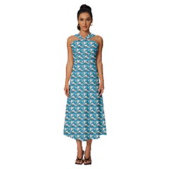 Blue Wave Sea Ocean Pattern Background Beach Nature Water Sleeveless Cross Front Cocktail Midi Chiffon Dress by Maspions