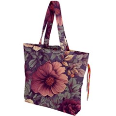 Flowers Pattern Texture Design Nature Art Colorful Surface Vintage Drawstring Tote Bag by Maspions