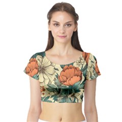 Flowers Pattern Texture Art Colorful Nature Painting Surface Vintage Short Sleeve Crop Top