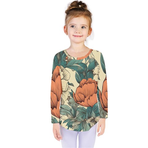 Flowers Pattern Texture Art Colorful Nature Painting Surface Vintage Kids  Long Sleeve T-shirt by Maspions