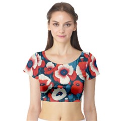 Red Poppies Flowers Art Nature Pattern Short Sleeve Crop Top