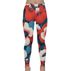 Red Poppies Flowers Art Nature Pattern Classic Yoga Leggings by Maspions