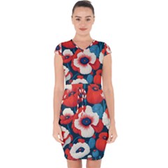 Red Poppies Flowers Art Nature Pattern Capsleeve Drawstring Dress 