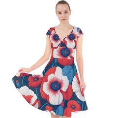 Red Poppies Flowers Art Nature Pattern Cap Sleeve Front Wrap Midi Dress