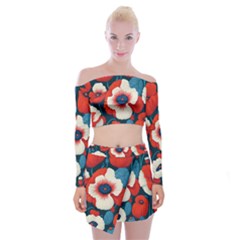 Red Poppies Flowers Art Nature Pattern Off Shoulder Top With Mini Skirt Set