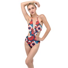 Red Poppies Flowers Art Nature Pattern Plunging Cut Out Swimsuit