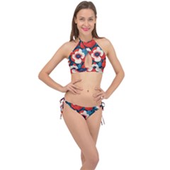 Red Poppies Flowers Art Nature Pattern Cross Front Halter Bikini Set