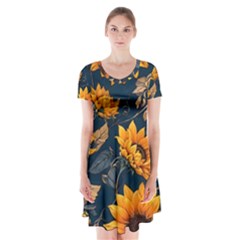 Flowers Pattern Spring Bloom Blossom Rose Nature Flora Floral Plant Short Sleeve V-neck Flare Dress