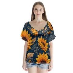 Flowers Pattern Spring Bloom Blossom Rose Nature Flora Floral Plant V-neck Flutter Sleeve Top