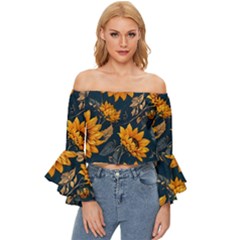 Flowers Pattern Spring Bloom Blossom Rose Nature Flora Floral Plant Off Shoulder Flutter Bell Sleeve Top