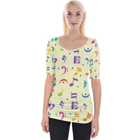 Seamless Pattern Musical Note Doodle Symbol Wide Neckline T-shirt by Apen