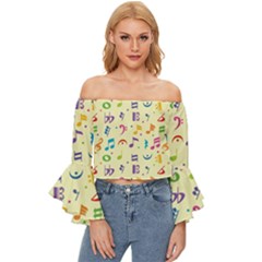 Seamless Pattern Musical Note Doodle Symbol Off Shoulder Flutter Bell Sleeve Top by Apen