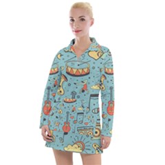 Seamless Pattern Musical Instruments Notes Headphones Player Women s Long Sleeve Casual Dress by Apen