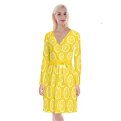 Lemon Fruits Slice Seamless Pattern Long Sleeve Velvet Front Wrap Dress by Apen