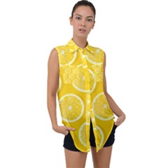 Lemon Fruits Slice Seamless Pattern Sleeveless Chiffon Button Shirt