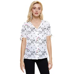 Cute Art Print Pattern Bow Sleeve Button Up Top