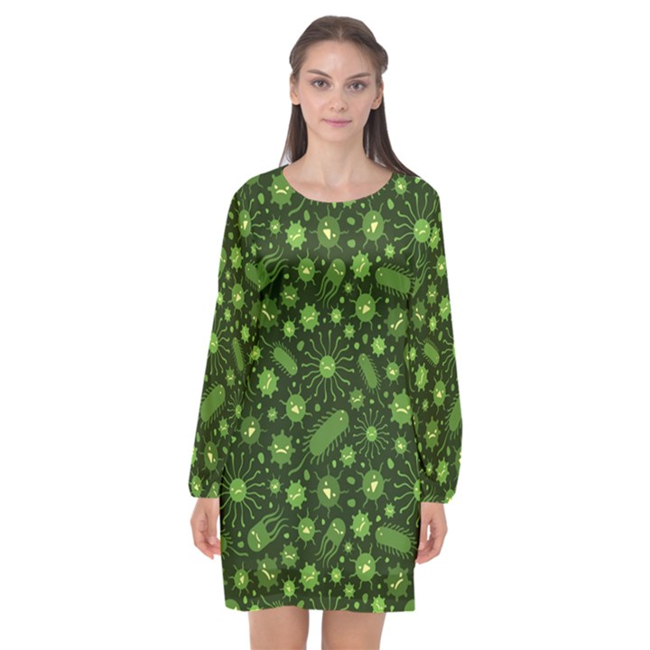 Seamless Pattern With Viruses Long Sleeve Chiffon Shift Dress 