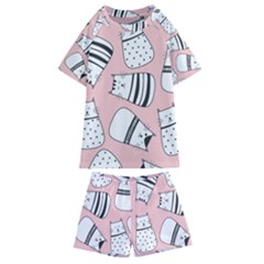 Cute Cats Cartoon Seamless-pattern Kids  Swim T-shirt And Shorts Set