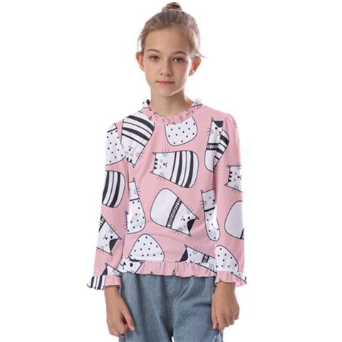 Cute Cats Cartoon Seamless-pattern Kids  Frill Detail T-shirt by Apen